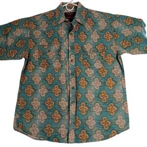 Vtg Walls Ranch Western Shirt L Blue/Orange Paisley Faded Short Sleeve Pressed‎